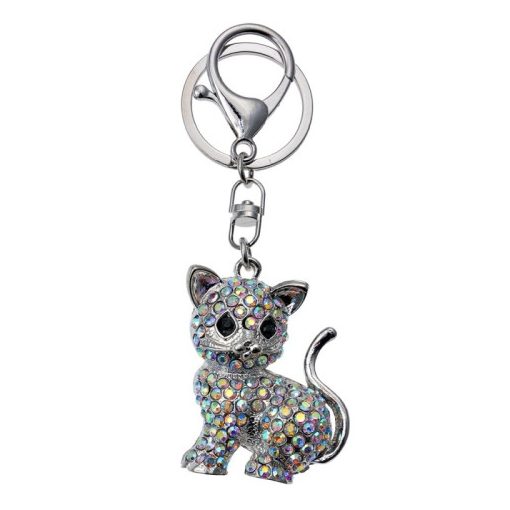Fém kulcstartó, ezüst színű gyöngyös cicával