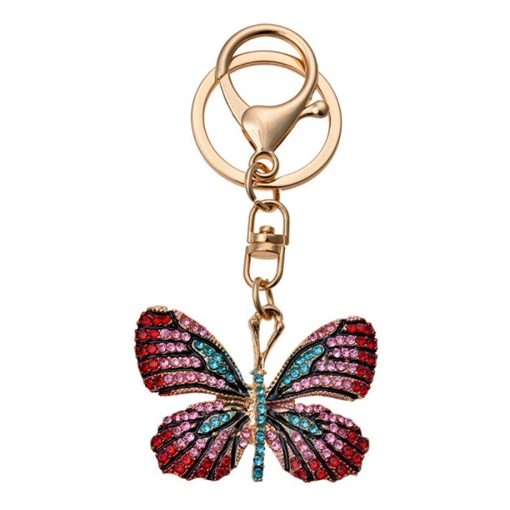 Fém kulcstartó, rózsazín-türkiz üveggyöngyös pillangóval