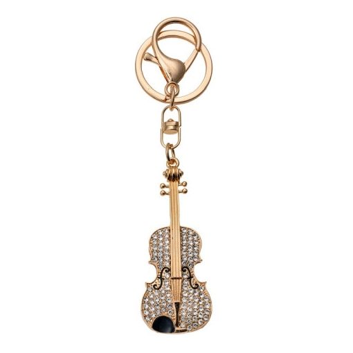 Fém kulcstartó hegedűvel, ezüst színű üveggyönggyel