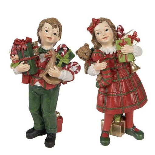 Kislány kisfiú csomagokkal párban, 7x6x13cm/7x5x13cm, piros-zöld karácsonyi dekorfigura