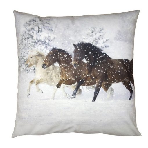 Textil párnahuzat 45x45cm, polyester lovak havas tájon