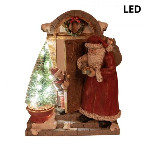 Télapó kisfiú házának ajtajában, LED-es karácsonyi dekorfigura, 18x8x22cm