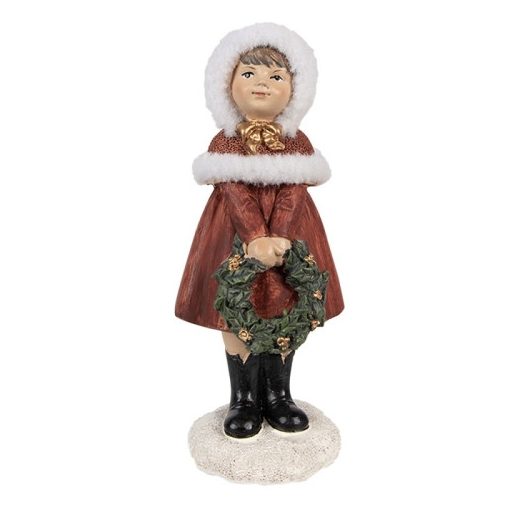 Kislány koszorúval, piros kabátban, karácsonyi dekorfigura, 6x6x13cm