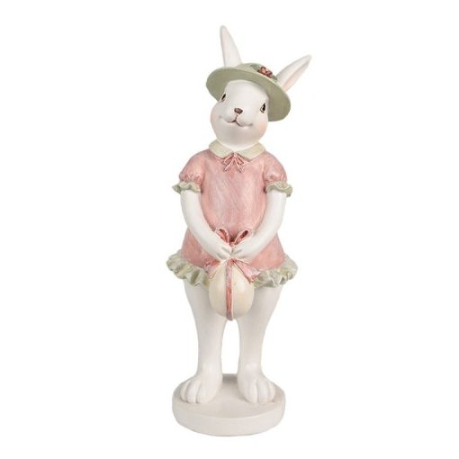 Fehér nyuszilány rózsaszín ruhában, kalapban, masnis tojással, 9x9x26cm, húsvéti dekorfigura