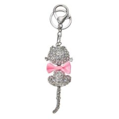   Fém kulcstartó, ezüst színű gyöngyös cicával, rózsaszín masnival