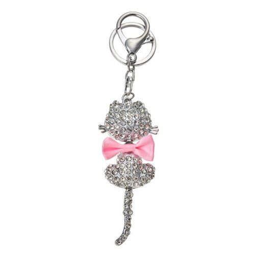 Fém kulcstartó, ezüst színű gyöngyös cicával, rózsaszín masnival