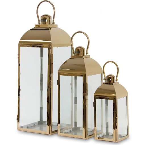 Magasfényű réz-arany fém lantern 3db-os lámpás szett 76x23x24cm, 57,5x18x19cm, 41,5x13x14cmcm