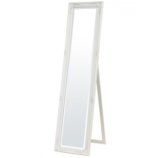 Négyszögletes élcsiszolt álló tükör faragott fehérre antikolt keretben 155x40x5-47cm