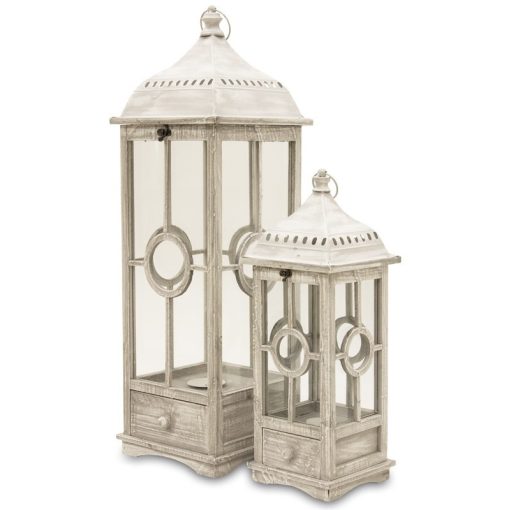 Fakeretes üvegezett krémfehér 2db-os lantern lámpás szett 88x28x28 / 57x21x21cm