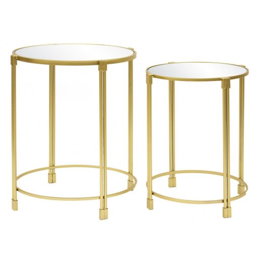 Arany fém asztalka 2db-os szett üveg asztallap 66.5x55x55/58.5x46x46cm