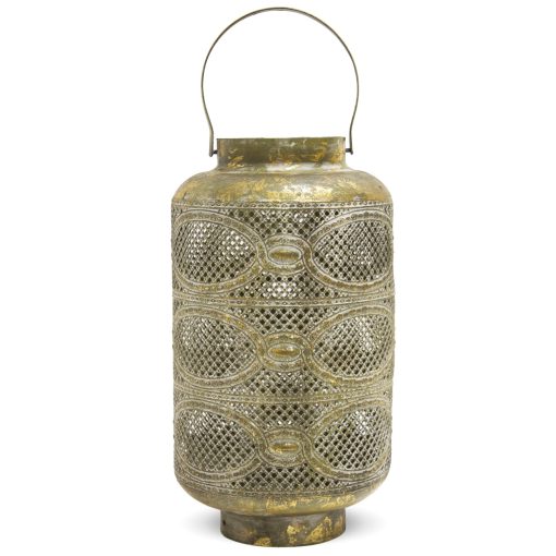 Antik jellegű indiai stílusú áttört fém patinás aranyszín lantern lámpás fogantyúval 37x15x15cm