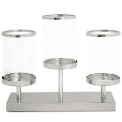   Ezüst fém gyertyatartó talpas állvány 3db gyertya részére üveg búrával 27,5x36x11cm
