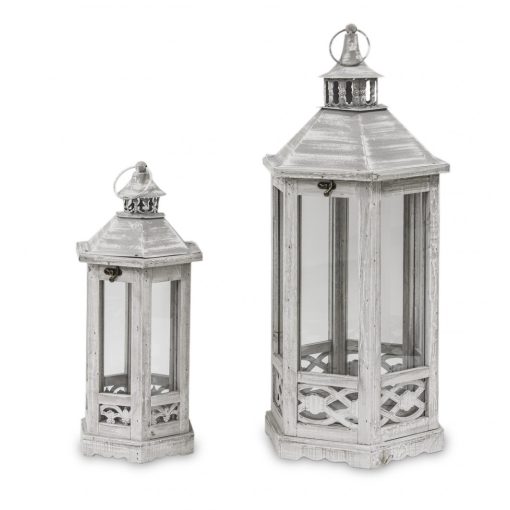 Antik szürke üvegezett fa lantern 2db-os lámpás szett akasztóval 66x30x26 / 49x20x18cm