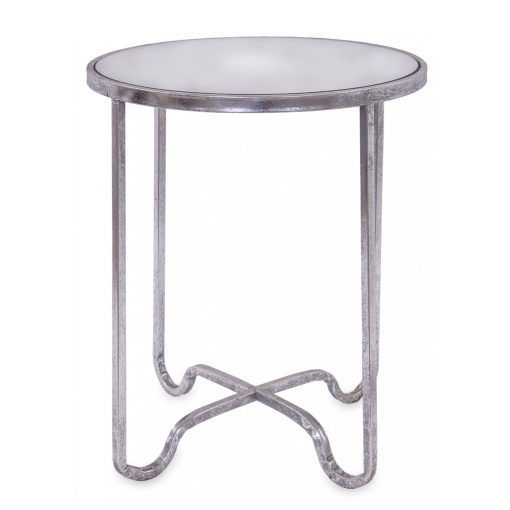 Design ezüstös fém asztal, üveg asztallap 50x45x45cm