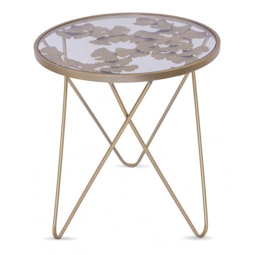 Design fém arany asztal, falevelek asztallap dekorációval 57x51,5x51,5cm