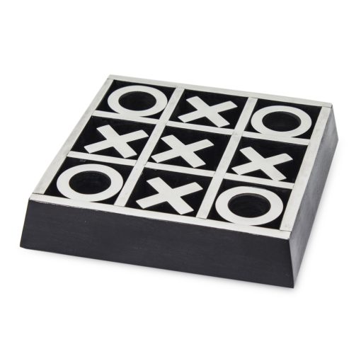 Tic-Tac-Toe táblajáték fa-fém makett ezüst-fekete asztali dekoráció 4x17,5x17,5cm