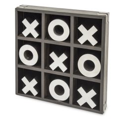   Tic-Tac-Toe táblajáték fa-fém makett ezüst-fekete asztali dekoráció 4x25,5x25,5cm