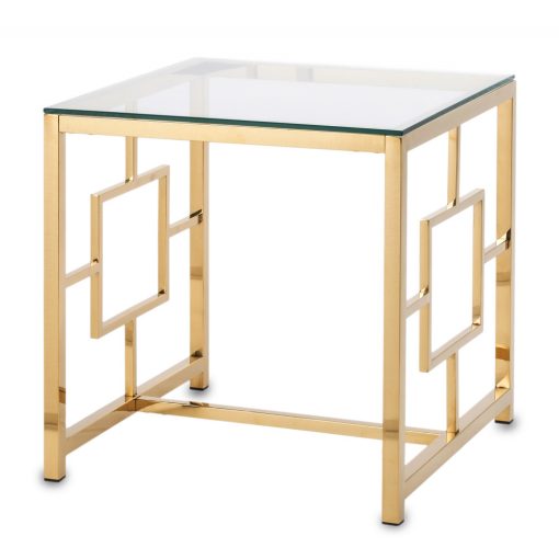 Design arany fém asztal, üveg asztallap 55x55x55cm