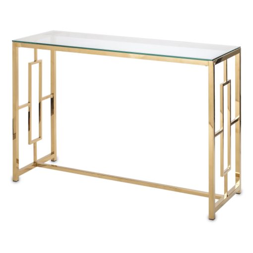 Design arany fém konzolasztal, üveg asztallap 78x120x40cm