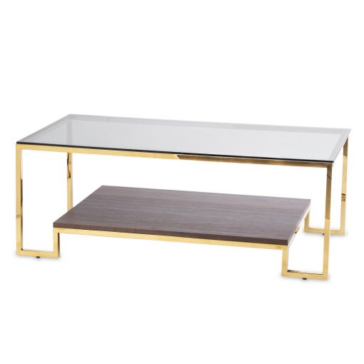 Design arany fém asztal, 8mm üveg asztallap, alsó fa polc 45x120x60cm