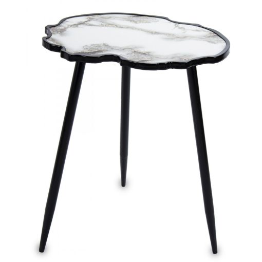 Fekete design fém háromlábú asztalka, márvány hatású aszimmetrikus kő asztallap 61,5x50x38cm