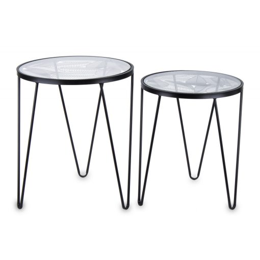 Design fekete faleveles fém 2db-os asztalka szett, üveg asztallap 56,5x46,5x46,5/50x41,5x41,5cm