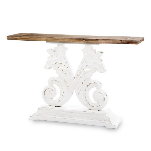 Provanszi konzolasztal, fehérre koptatott lábak, natúrfa asztallap 90x150x40cm