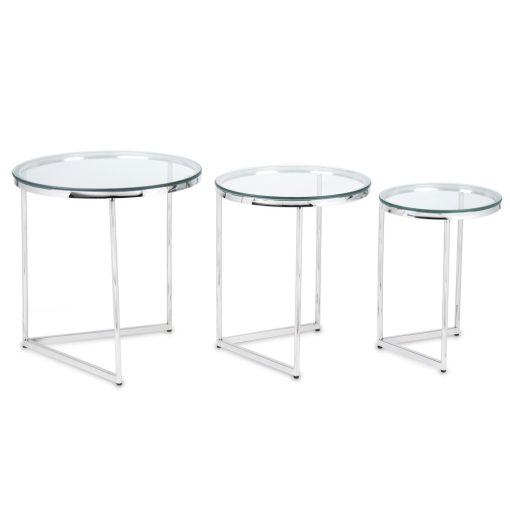 Design ezüst fém 3db-os asztal szett, üveg asztallap 57x55x55 / 53x45x45 / 47x35x35cm