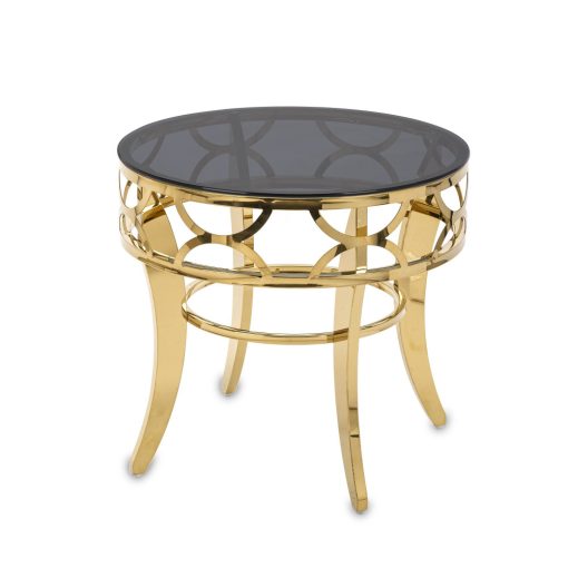 Design dohányzóasztal arany fém vázzal, füstüveg lappal 57x60x60cm