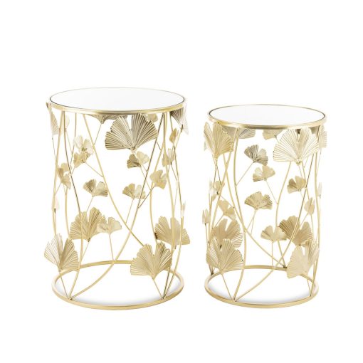 Design arany 2db-os fém asztal szett Ginkgo Biloba levelekkel, tükrös üveg asztallap 55x38x38/50x33x33cm