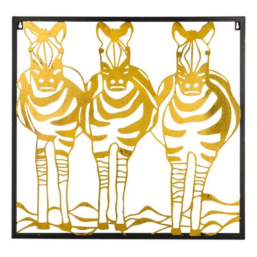 Modern áttört arany fém zebra csapat faldekoráció fekete fém keretben 65x65x2cm