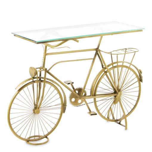 Design arany kerékpár fém asztal, üveg asztallap 76,5x115x37cm