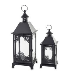   Áttört kecses fekete 2db-os üvegezett fém lámpás lantern szett 44x17x17 / 29x12,5x12,5cm