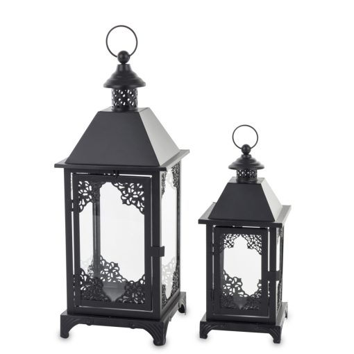 Áttört kecses fekete 2db-os üvegezett fém lámpás lantern szett 44x17x17 / 29x12,5x12,5cm