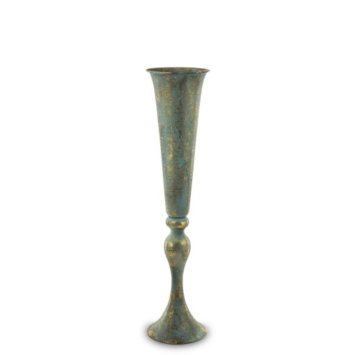 Patinásra antikolt fém talpas virágos váza 56,5x13x13cm