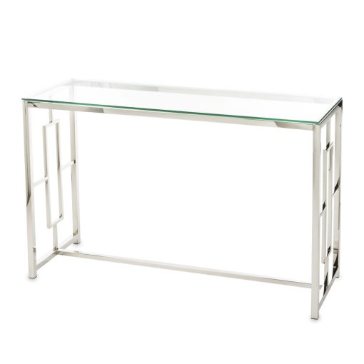 Design fém ezüst konzolasztal, üveg asztallap 78x120x40cm