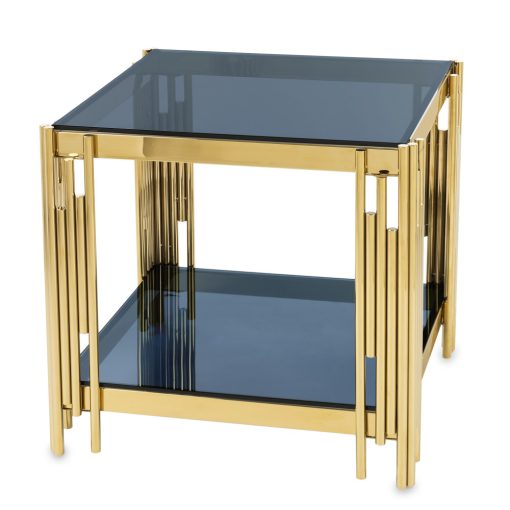 Design fém arany dohányzóasztal, füstüveg asztallap 56x59x59cm