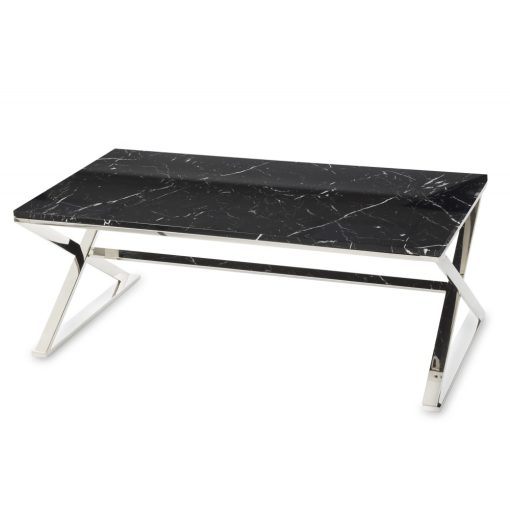 Design ezüst fém dohányzóasztal, márvány hatású asztallap 45x120x60cm