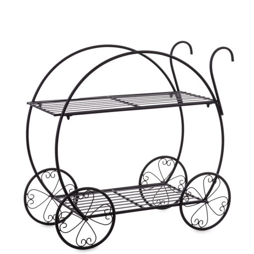 Míves kacskaringós dekorált fekete fém zsúrkocsi kerekekkel kerti dekoráció 64x34x68cm