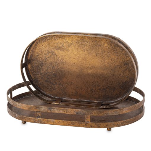 Ovális fogantyús koptatott bronz színű 2db-os fém tálca szett 6x40x26/6x35x22cm