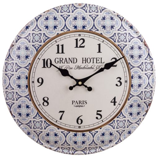 Grand Hotel Paris kék-fehér csempe mintás rámájú kerek fém kvarc falióra arab számokkal 36x36x2cm