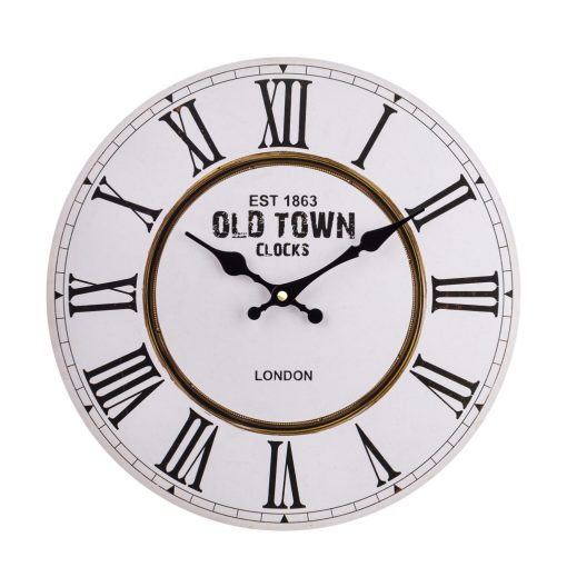 Old Town Clocks London klasszikus fehér-barna kerek kvarc falióra római számokkal 34x34x2cm