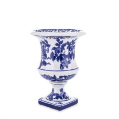Díszes festett kék-fehér talpas kerámia váza 24x18x18cm