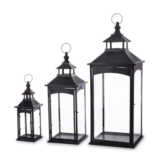 Fekete fém üvegezett szögletes kerti lámpás lantern 3db-os szett 86x31x31 / 67x23x23 / 45x15x15cm