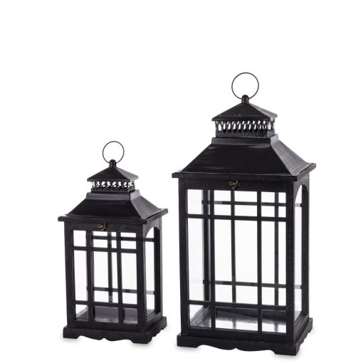 Fekete fa osztott üvegezett szögletes kerti lámpás lantern 2db-os szett 69x31x22,5 / 51x24x18cm