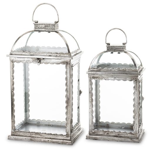 Óezüst fém üvegezett szögletes kerti lámpás lantern 2db-os szett 55x27x20 / 44x22x15cm