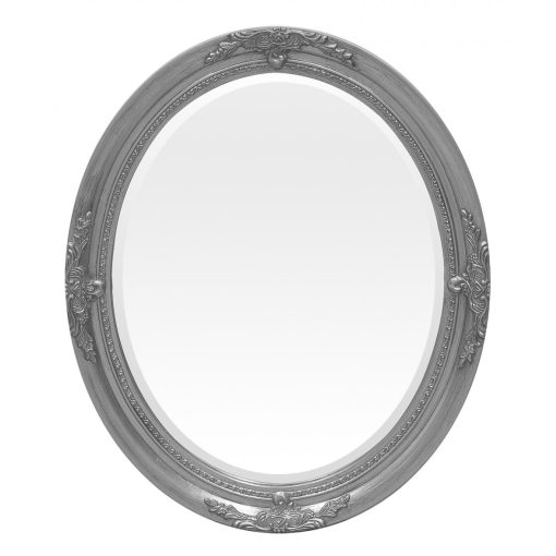 Ovális ezüst rámás fali tükör, díszes rámával, 59x48cm