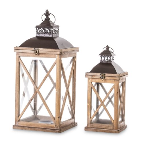 Natúr barna vintage koptatott fa mécsestartó lámpás lantern 2db-os szett fekete fém tetővel 62x25x25 / 45x17x17cm