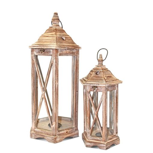 Vintage natúr barna koptatott fa mécsestartó üvegezett lámpás lantern 2db-os szett 67x31x27 / 45x22x19cm