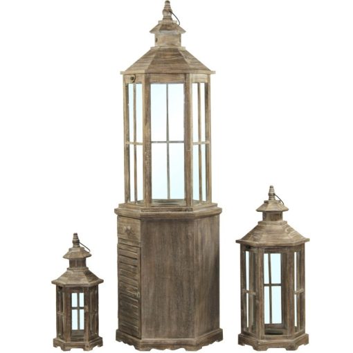 Vintage barna koptatott fa mécsestartó üvegezett tárolós lámpás lantern 3db-os szett 134x42x37 / 63x29x25 / 44x20x17cm